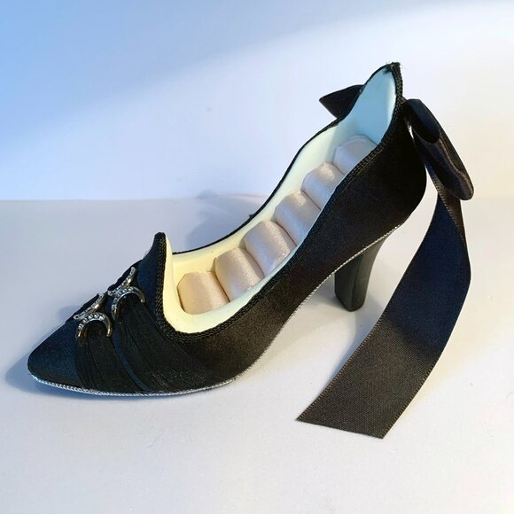 Ring Holder Black Satin & Velvet High Heel Shoe with Bow & Crystals Accents - Picture 3 of 9
